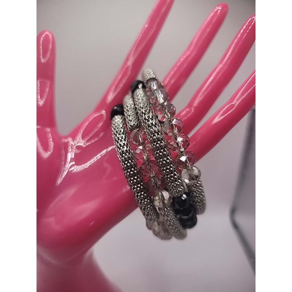 Vintage Bracelet Bangle Silver‎ Tone Beaded Clear Black Jewelry Costume